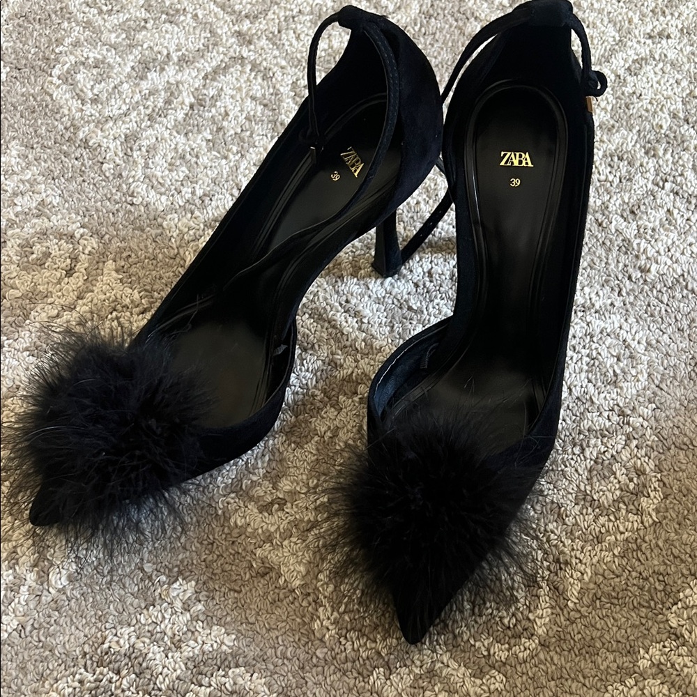 Zara black suede heels with feathers 8 or 8.5